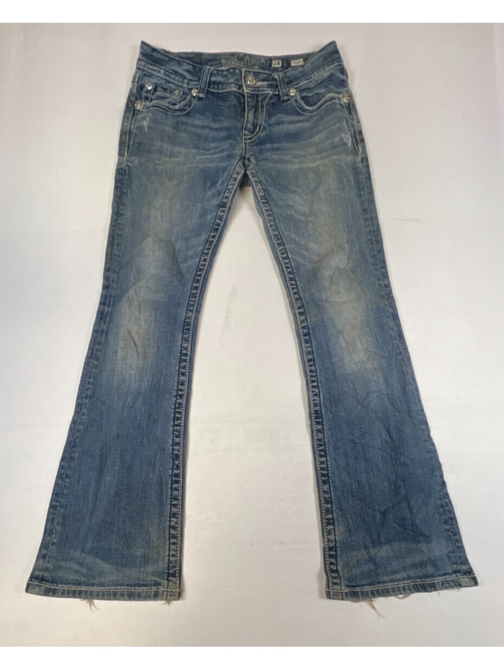 Miss Me Women Blue Jeans Size 28x31 Bootcut Low Rise Embellished Denim Pants